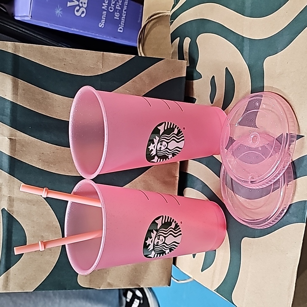 NEW Starbucks Cold Cups 24 oz. Pink with glitter. Set of 2.